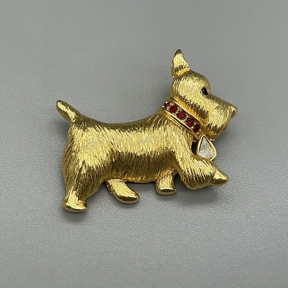 Vintage Napier Brooch Gold Tone Scottie Dog Pin Red Rhinestone Figural Animal 2"